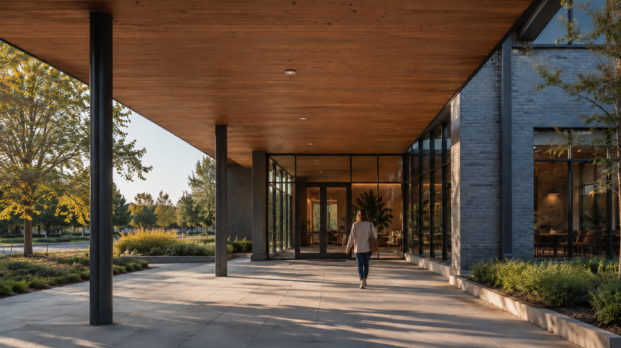 Illustration of a sheltered church entrance with timber canopy and glass doors as a person walks toward the building.