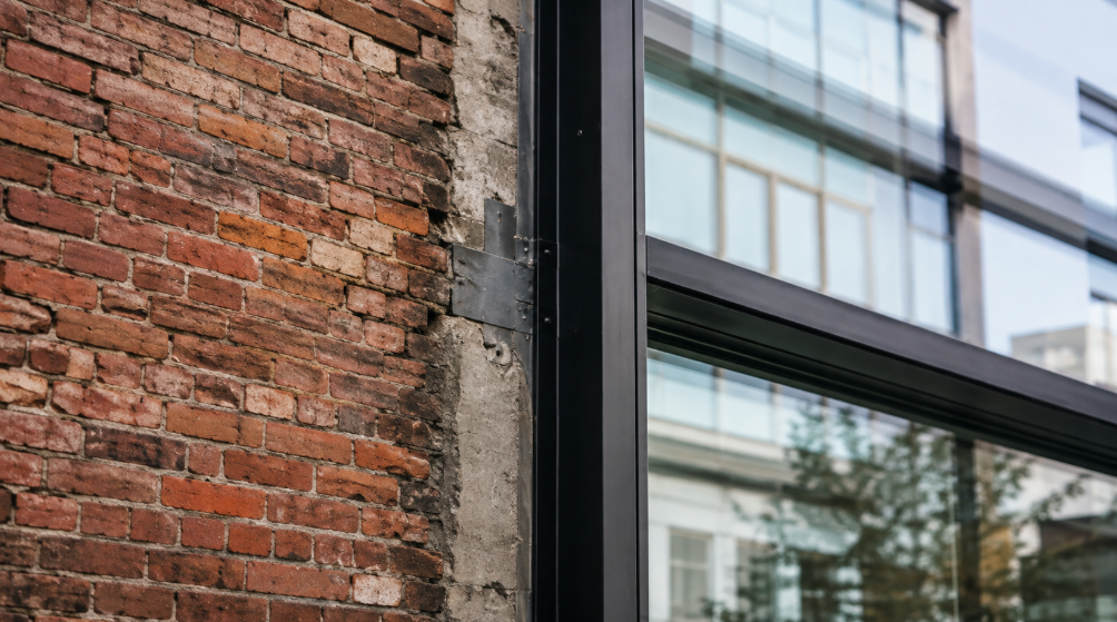 Close-up of an adaptive reuse project where old red brick meets a new steel-and-glass window at the building’s edge.