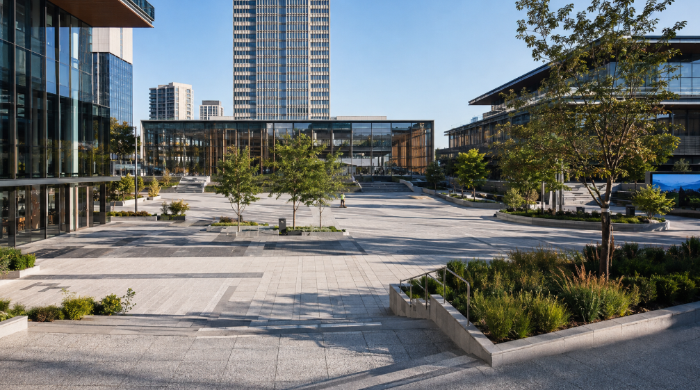 A spacious modern plaza with wide stone paving sits mostly empty despite polished landscaping and surrounding glass towers.