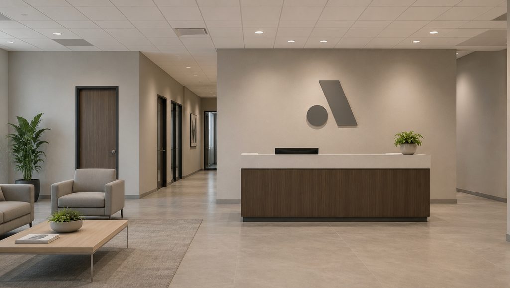 Generic office reception with beige tile and a plain desk, distinguished only by a large abstract logo mounted on the wall.