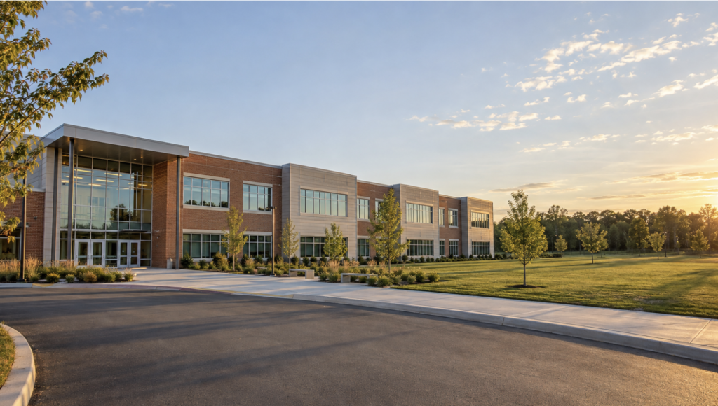 Modern K-12 school exterior at sunset, illustrating future-ready school design with space to grow and adapt over time.