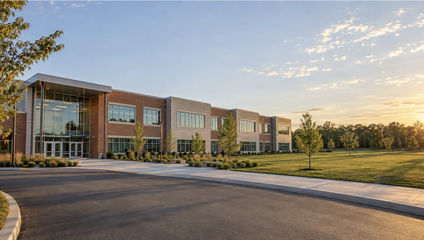 Modern K-12 school exterior at sunset, illustrating future-ready school design with space to grow and adapt over time.