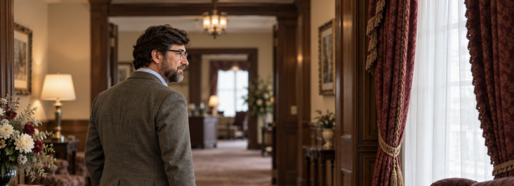 Architect with clipboard surveys aging funeral home lobby interior while assessing funeral home renovation cost and refresh scope.