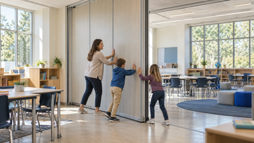 A teacher and two students slide a movable partition wall to open two classrooms into one shared, flexible learning space.