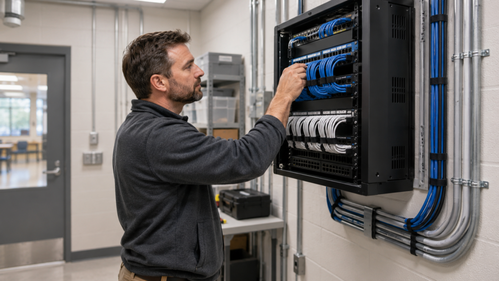A technician services a school's network rack, showing the structured cabling and conduit built to support future upgrades.