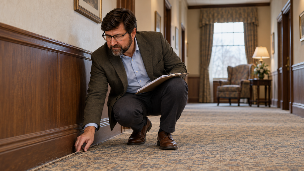 Architect holding clipboard crouches in a funeral home hallway to examine worn carpet at the baseboard before renovation planning begins.